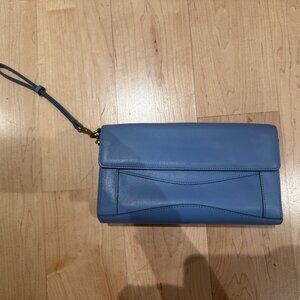 J.Crew Blue Leather Wristlet Clutch Gold Hardware